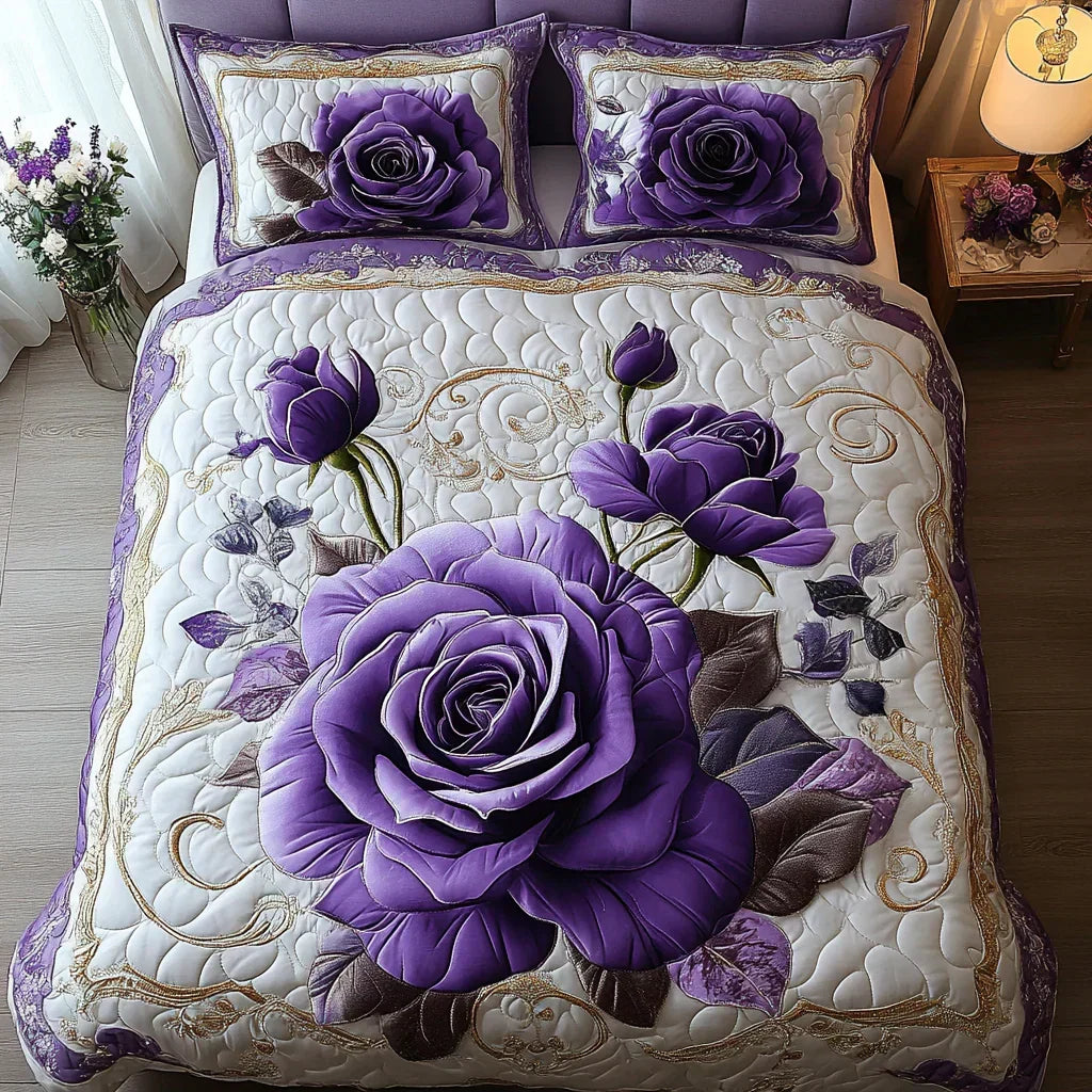3-Piece Quilted Bedding Set – Purple Rose