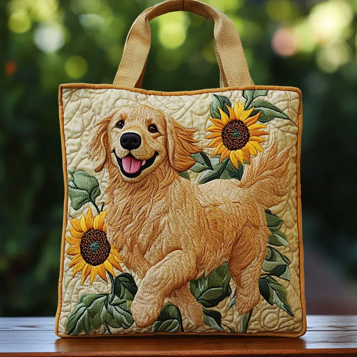 Quilted Tote Bag – Golden Retriever & Sunflowers