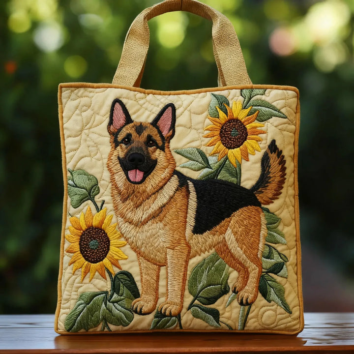 Quilted Tote Bag – German Shepherd & Sunflowers