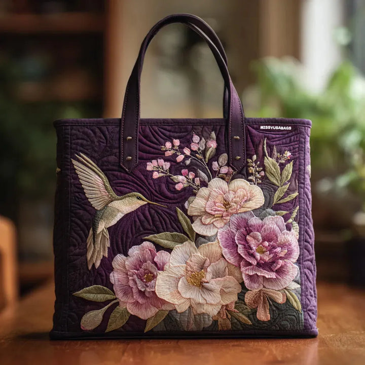 Quilted Tote Bag – Hummingbird & Orchids