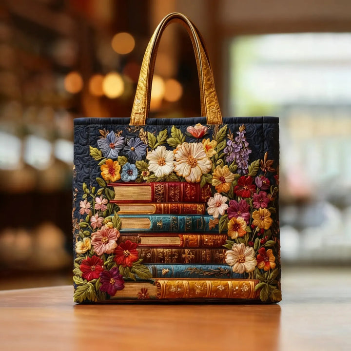 Quilted Tote Bag – Floral Print & Books
