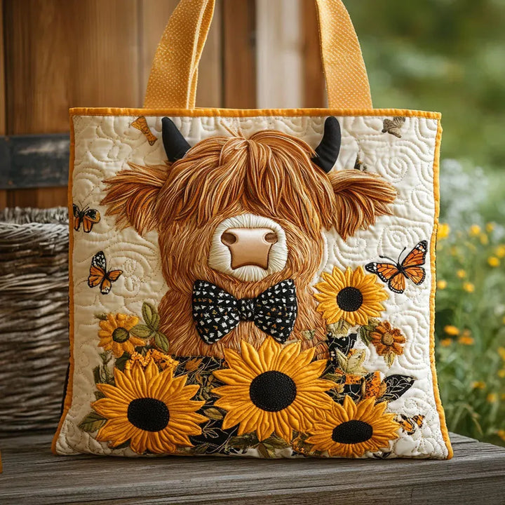 Quilted Tote Bag – Highland Cow & Sunflowers