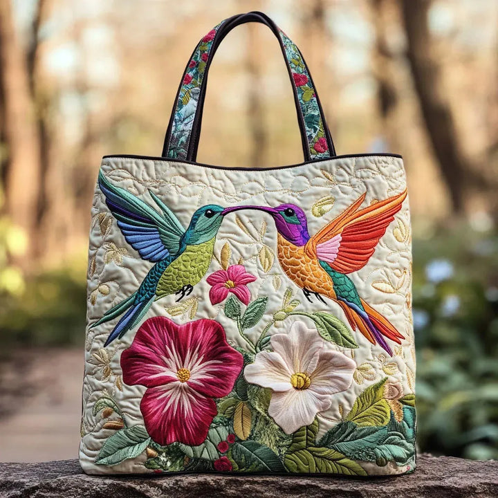 Quilted Tote Bag – Hummingbird & White Blossoms