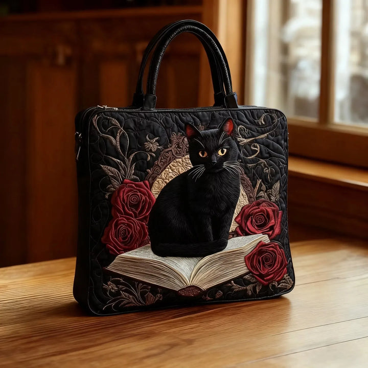 Quilted Tote Bag – Black Cat & Roses on Books
