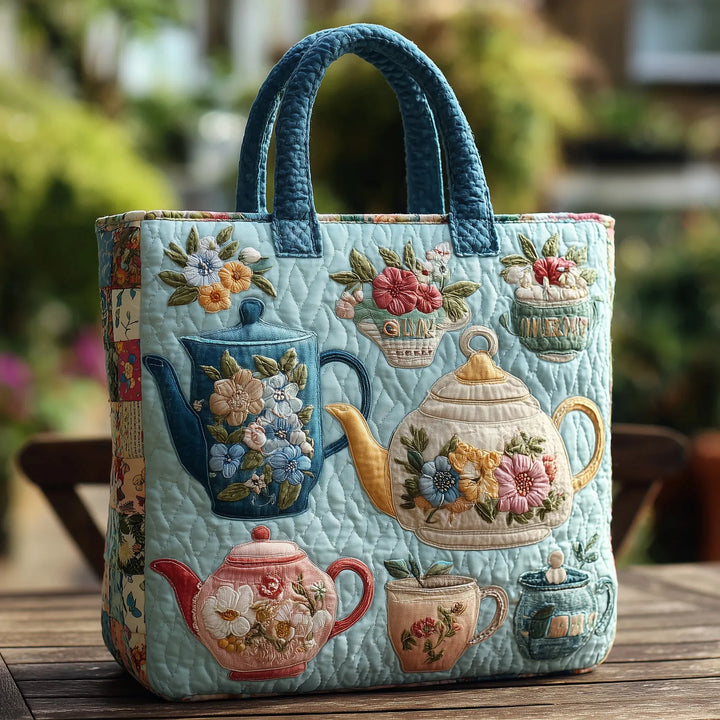 Quilted Tote Bag – Vintage Teapot Floral