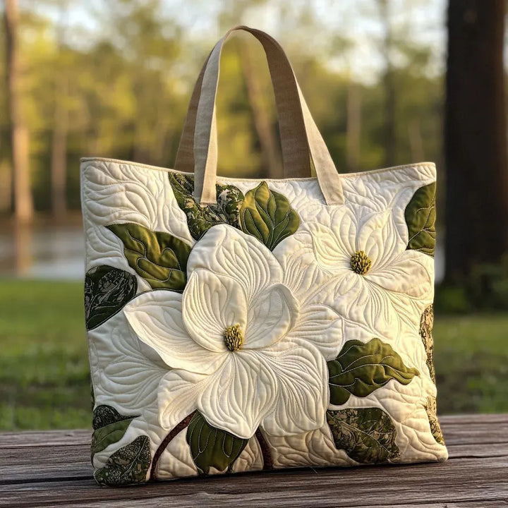 Quilted Tote Bag – Elegant White Lilies
