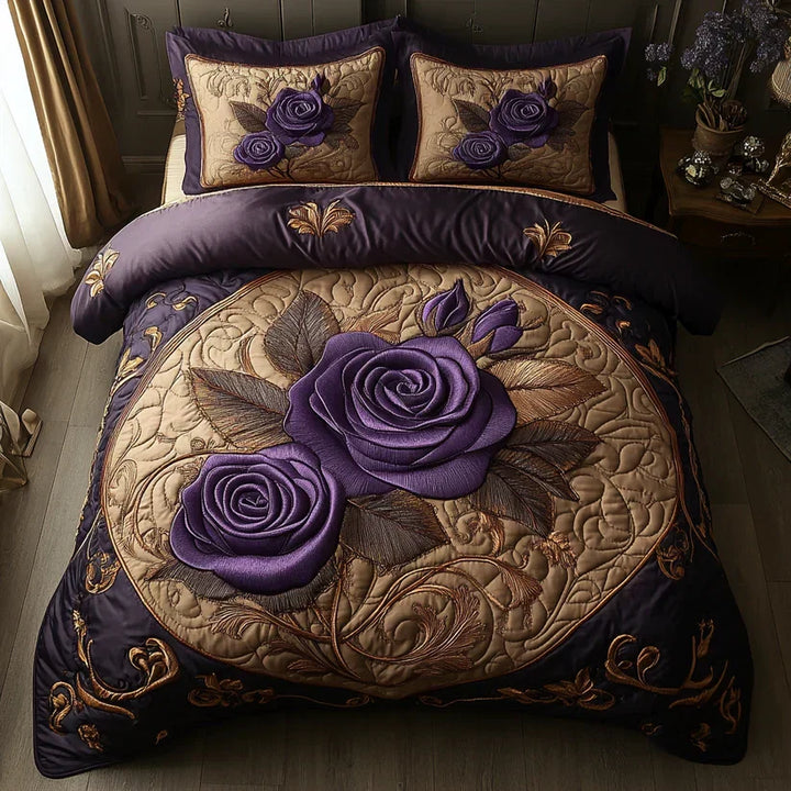 3-Piece Quilted Bedding Set – Purple Rose