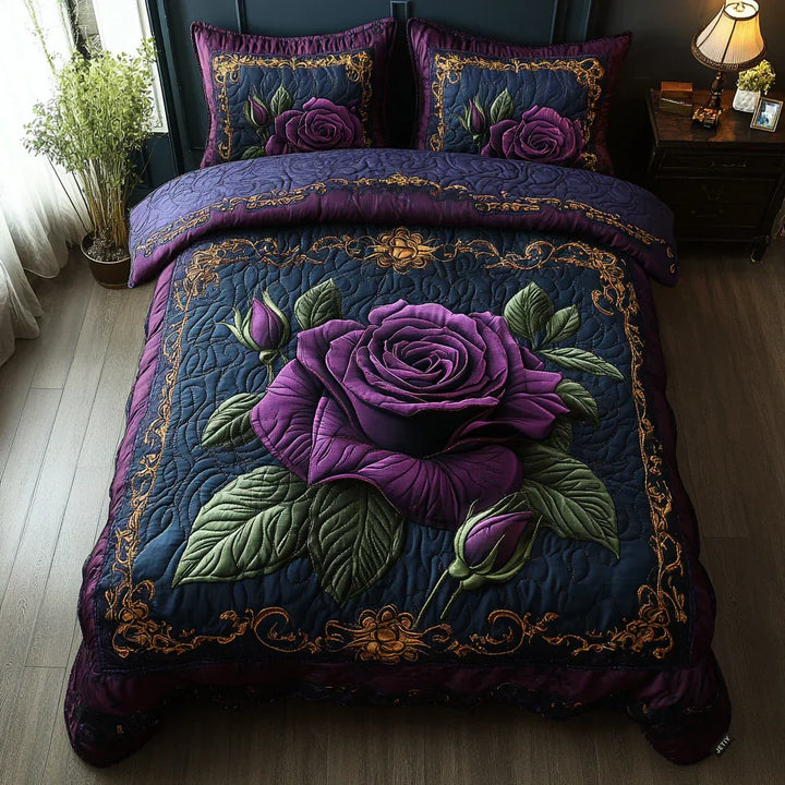 3-Piece Quilted Bedding Set – Purple Rose