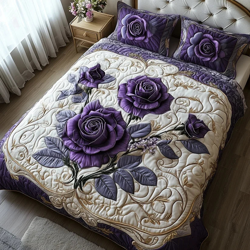 3-Piece Quilted Bedding Set – Purple Rose