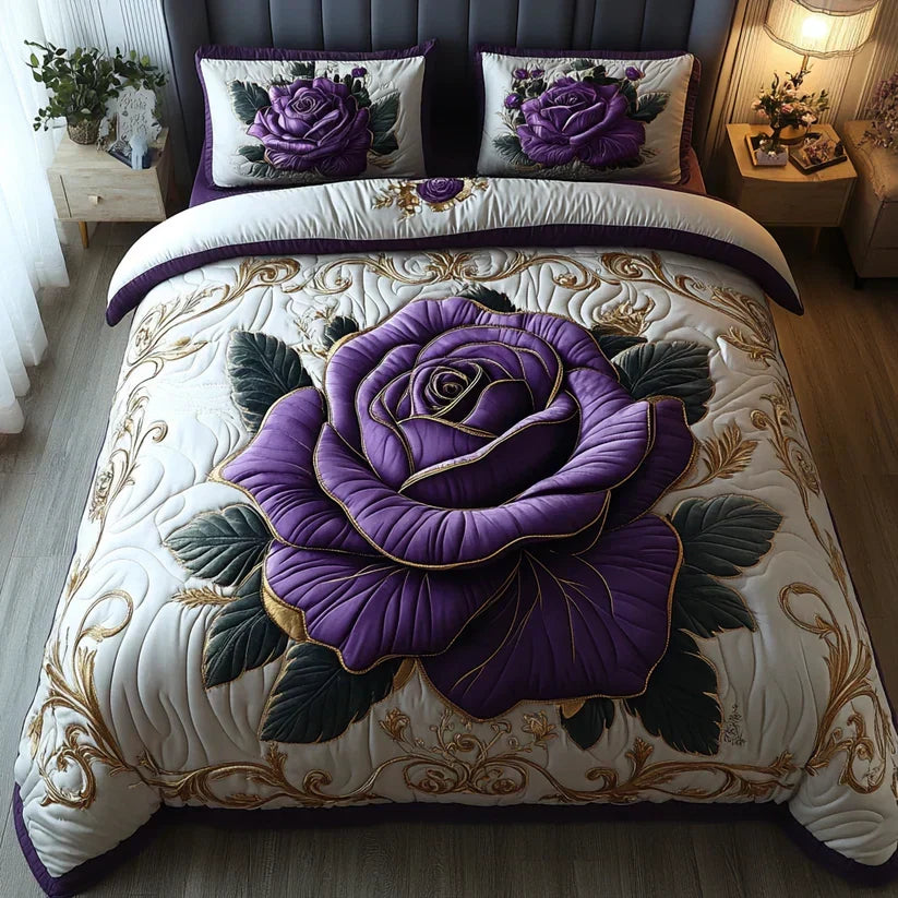 3-Piece Quilted Bedding Set – Purple Rose