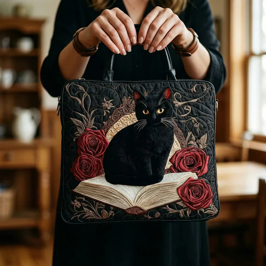 Quilted Tote Bag – Black Cat & Roses on Books