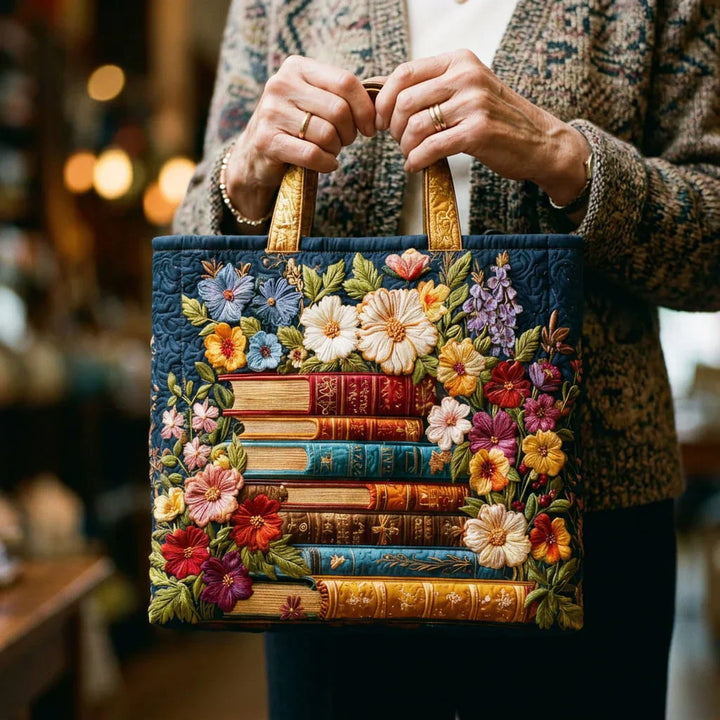 Quilted Tote Bag – Floral Print & Books