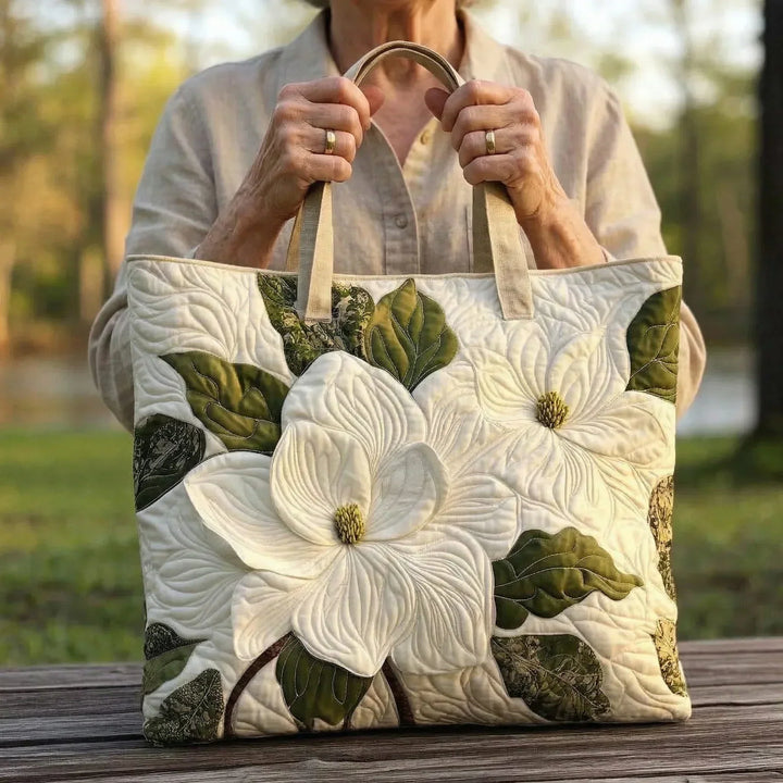 Quilted Tote Bag – Elegant White Lilies
