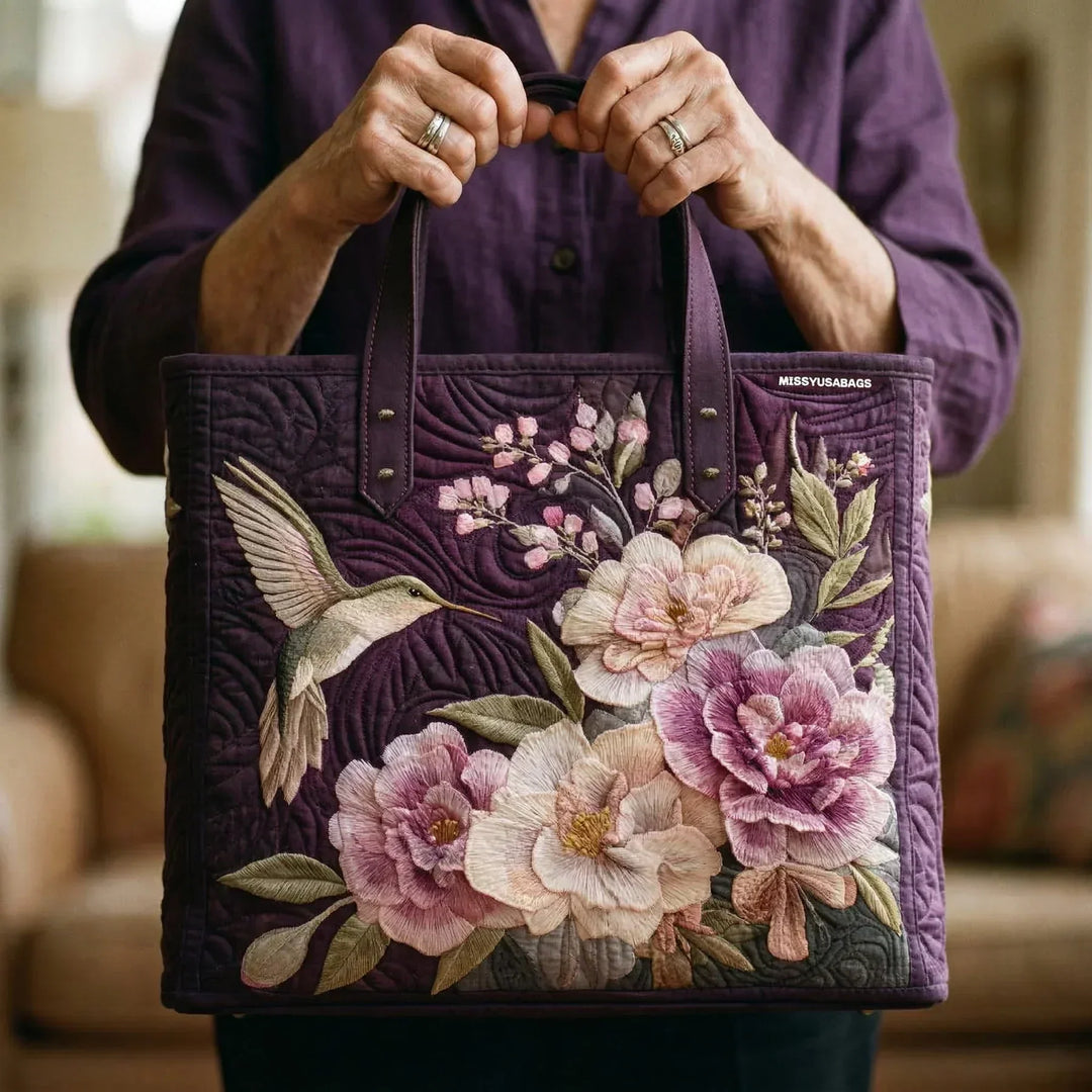 Quilted Tote Bag – Hummingbird & Orchids