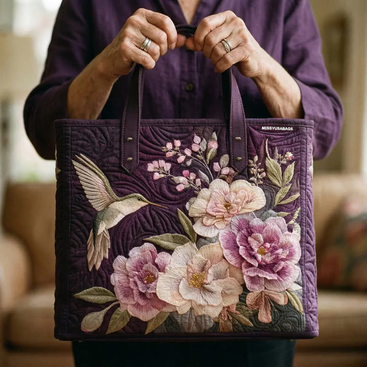 Quilted Tote Bag – Hummingbird & Orchids