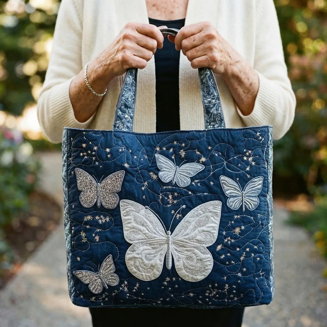 Quilted Tote Bag – Silver Butterfly