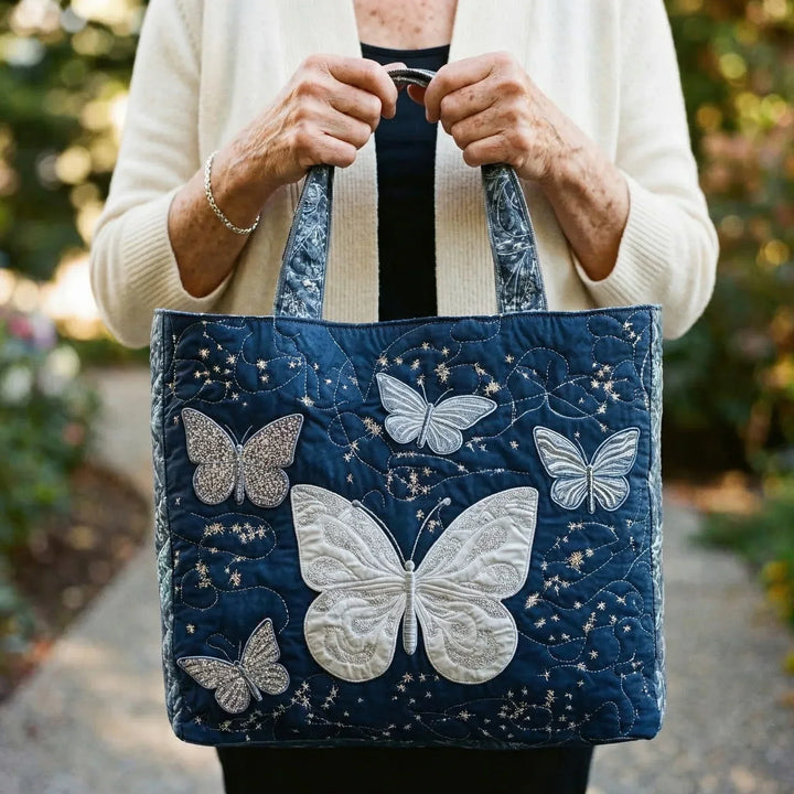 Quilted Tote Bag – Silver Butterfly