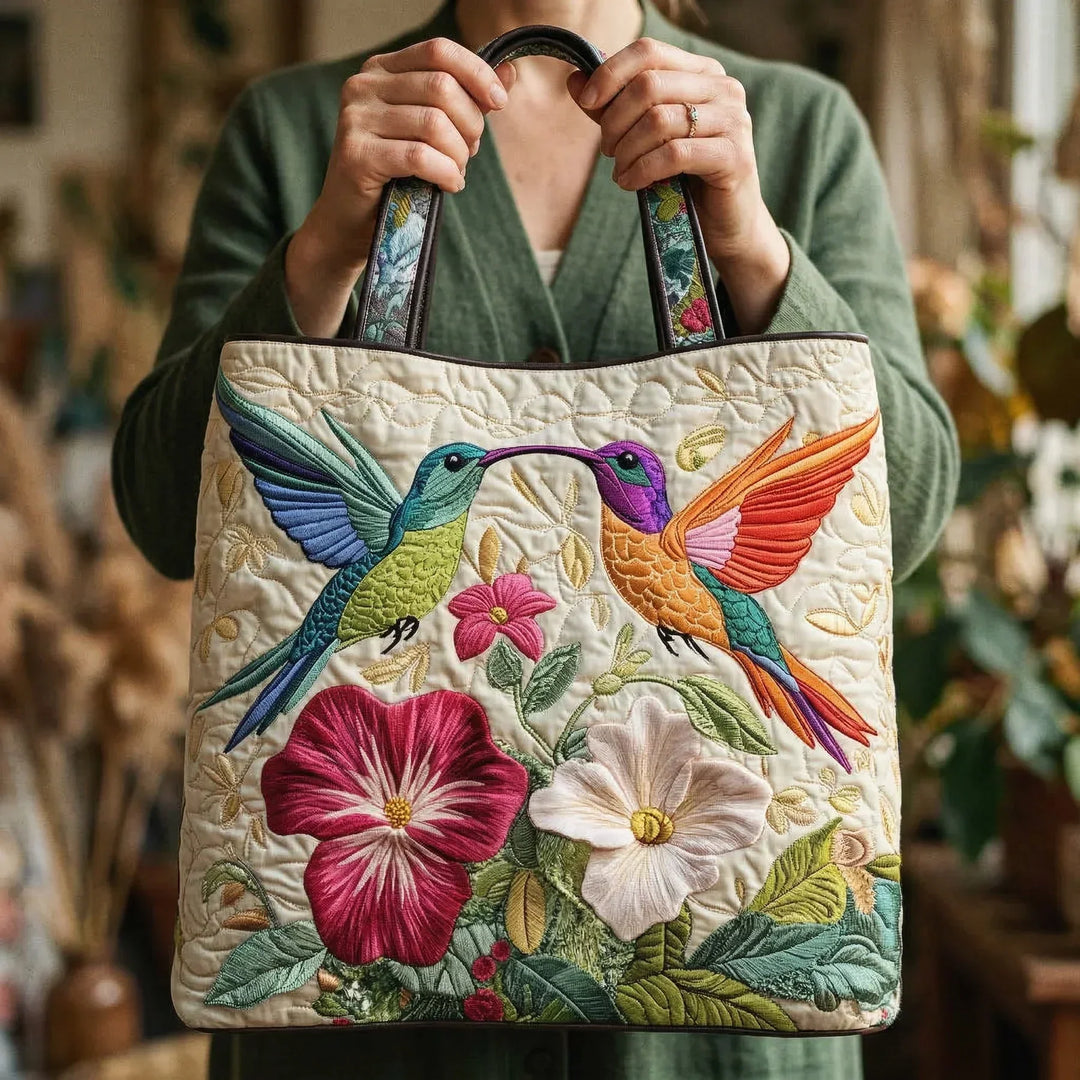 Quilted Tote Bag – Hummingbird & White Blossoms