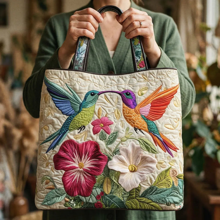 Quilted Tote Bag – Hummingbird & White Blossoms