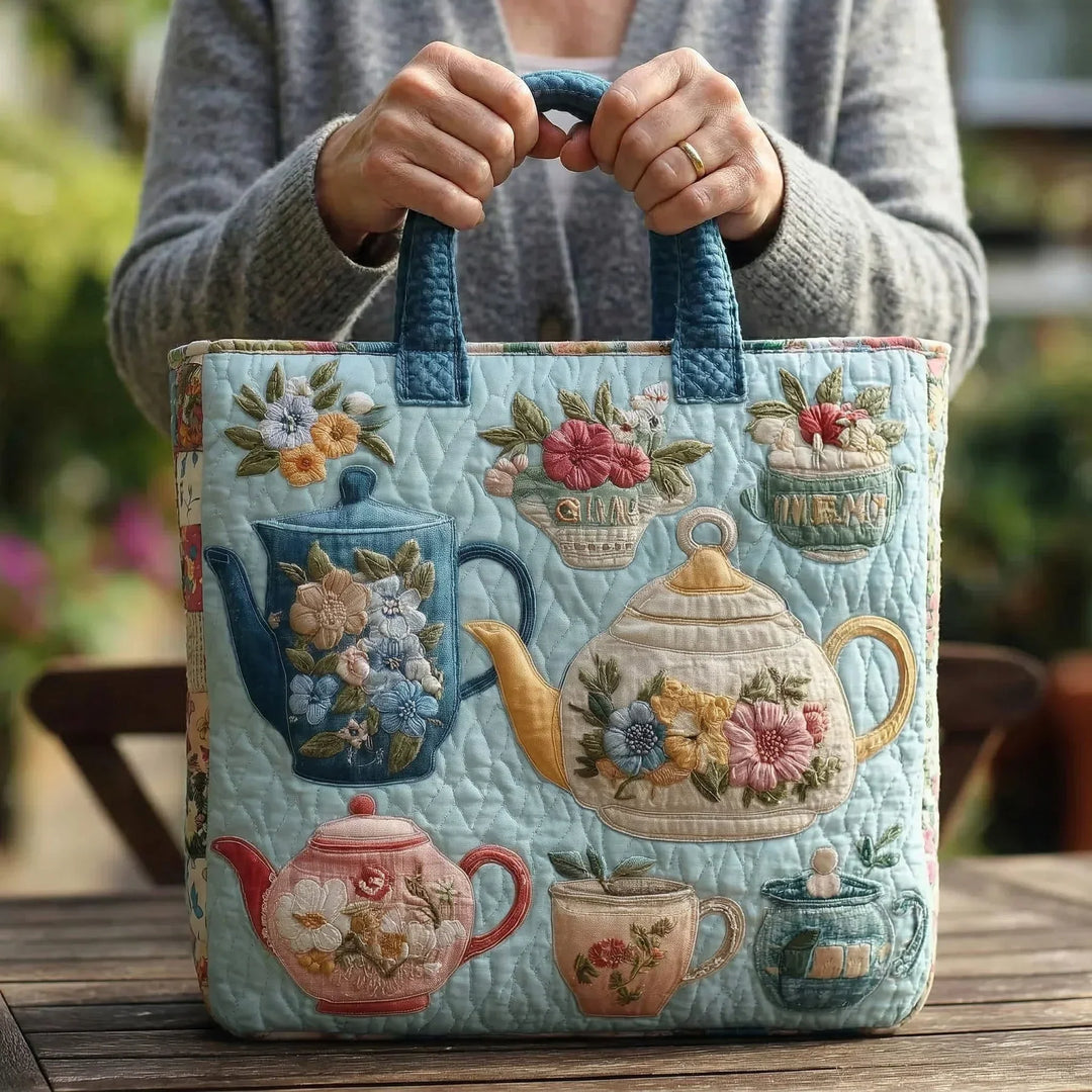 Quilted Tote Bag – Vintage Teapot Floral