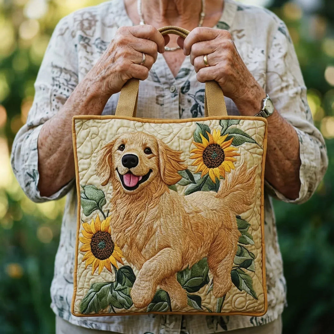 Quilted Tote Bag – Golden Retriever & Sunflowers