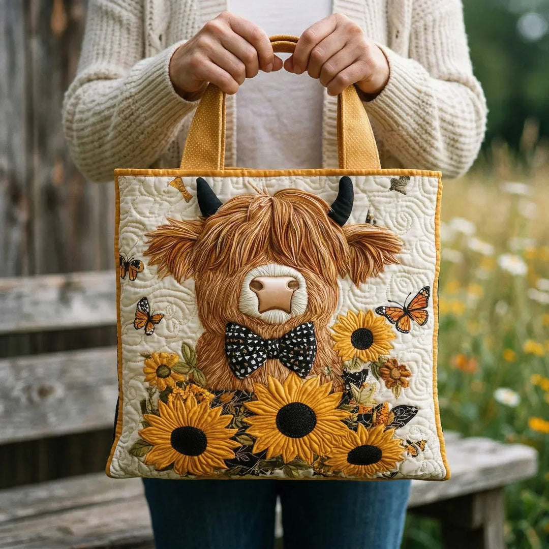 Quilted Tote Bag – Highland Cow & Sunflowers