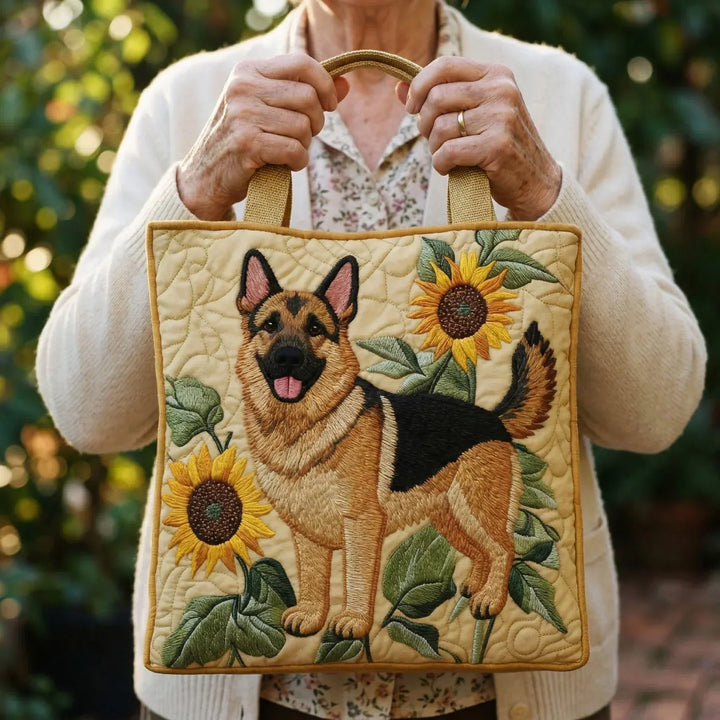 Quilted Tote Bag – German Shepherd & Sunflowers